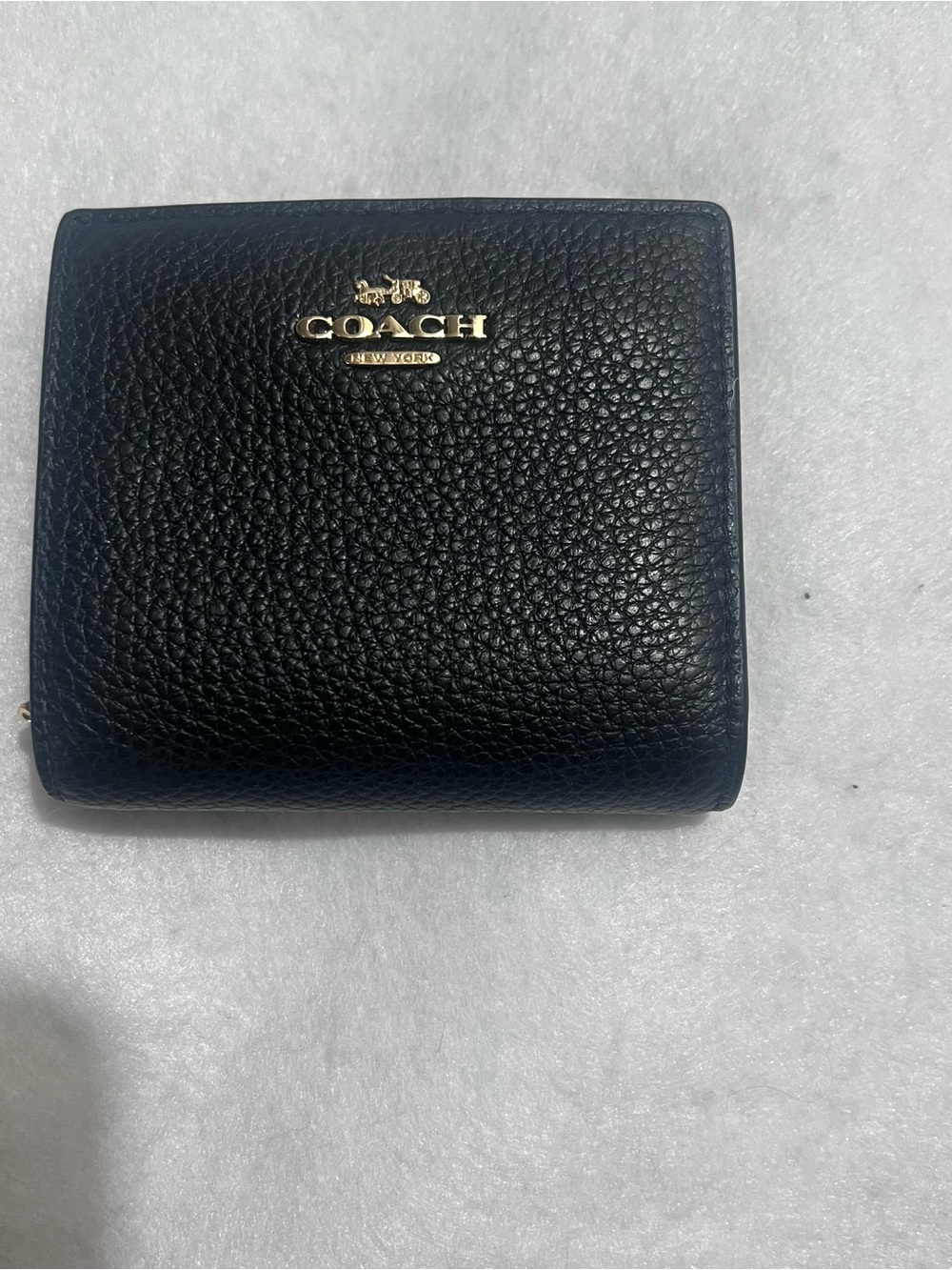 Coach Pebbled Leather Compact Wallet - Black with Gold Logo